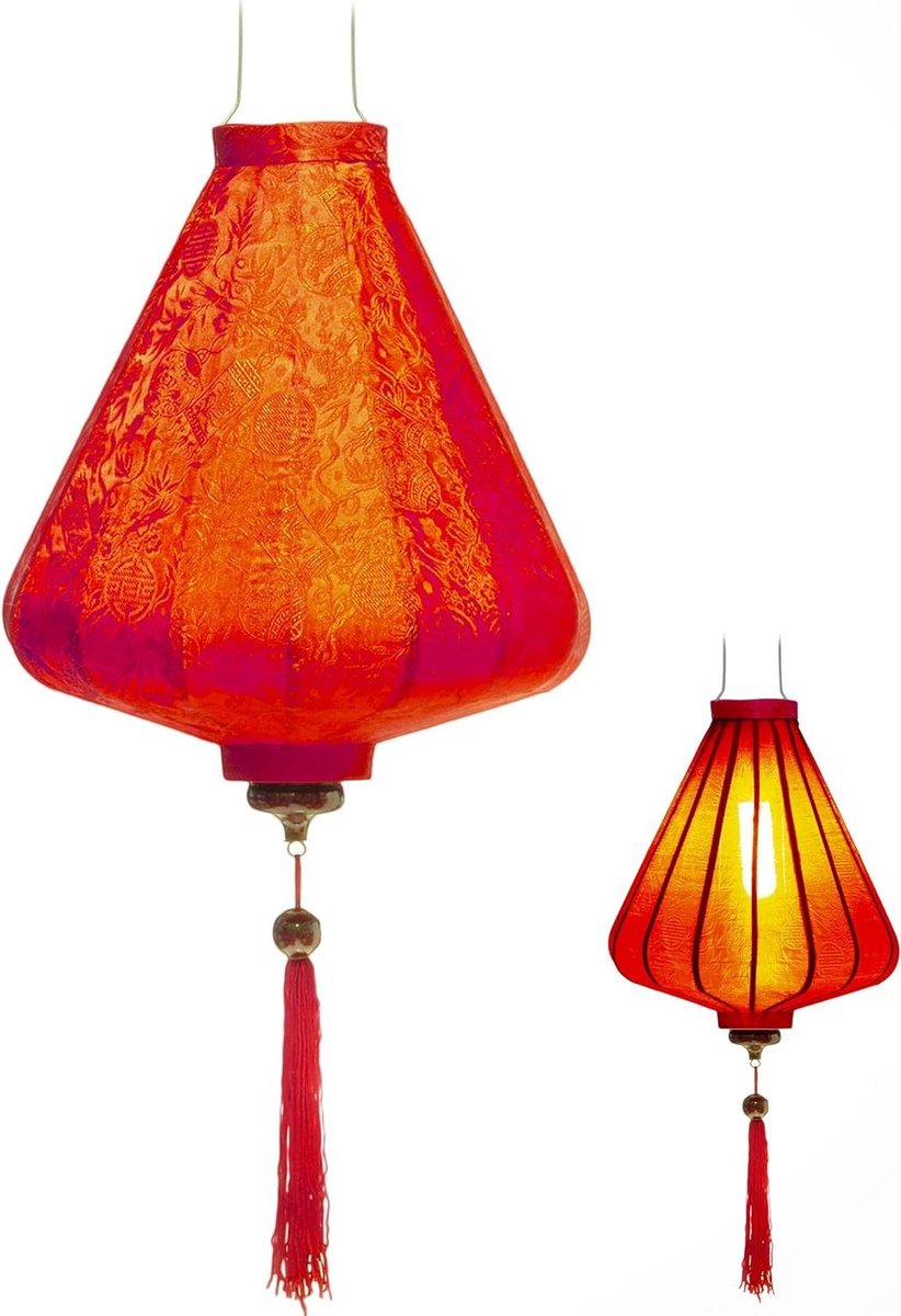 Rode Aziatische zijden lantaarn hanglamp Ø 35 cm - bamboe en hout - handgemaakt in Vietnam - decoratie met stof (A25-R)