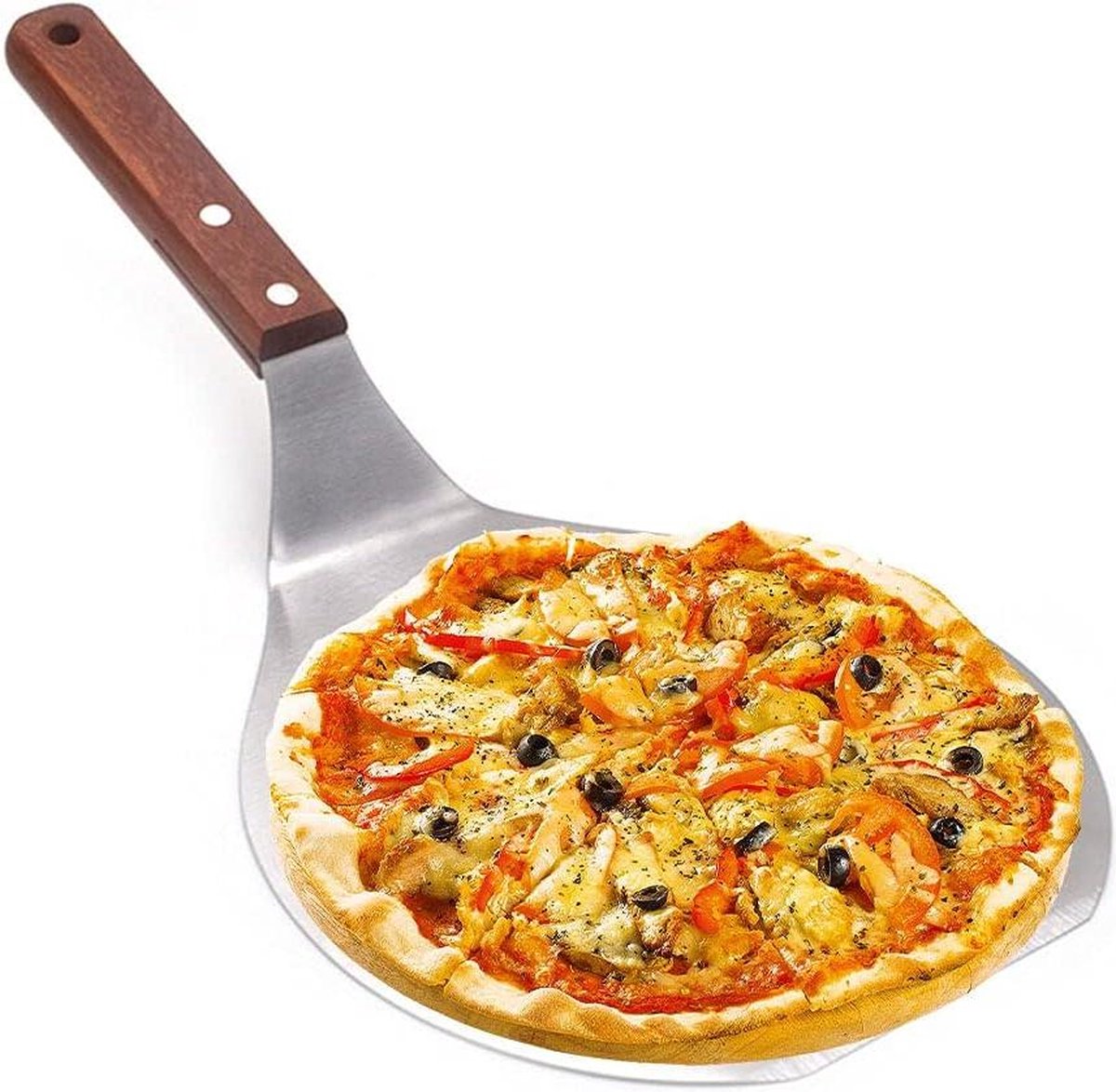 Roestvrij stalen ronde pizzaschep met houten handvat pizzaspatel voor zelfgemaakte pizza en brood taartschep transferplaat kaas pizzaschep