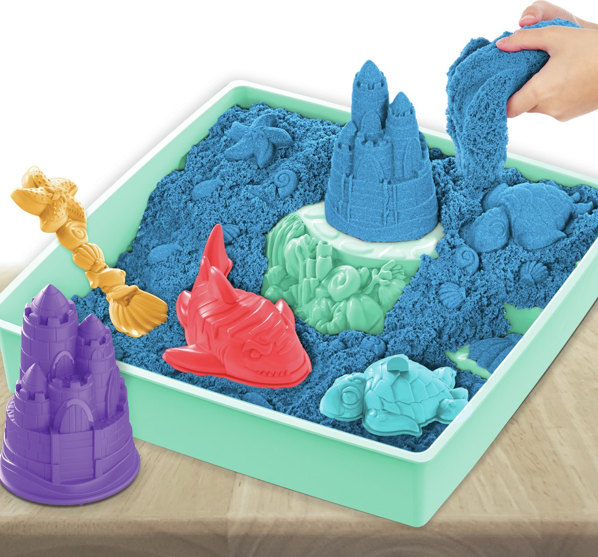 Kinetic Sand - Zandbak-set met 454 g blauw origineel Kinetic Sand - opbergzandbak 4 vormen en gereedschap - Sensorisch speelgoed — afbeelding 16