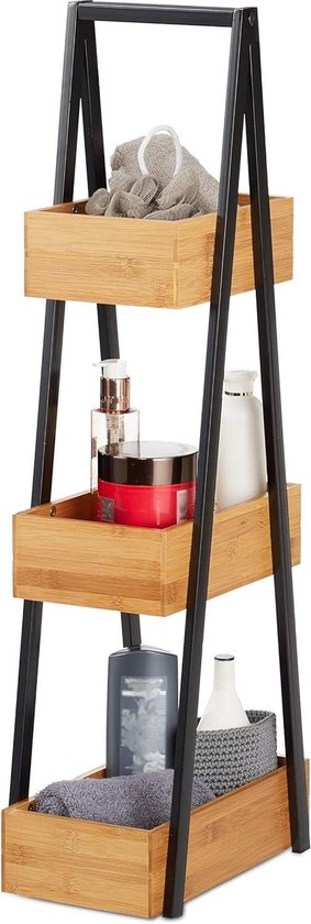 DuneDesign Bamboo Ladder Rack with 3 Compartments, 45 x 90 cm, Wooden Ladder for Bathroom