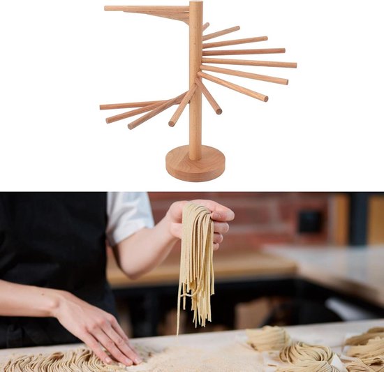 Séchoir à Pâtes Pliable En Bois - Support Pour Spaghetti & Nouilles Fraîches | 49.5x49.5x44cm | 9 Tiges Amovibles - 11