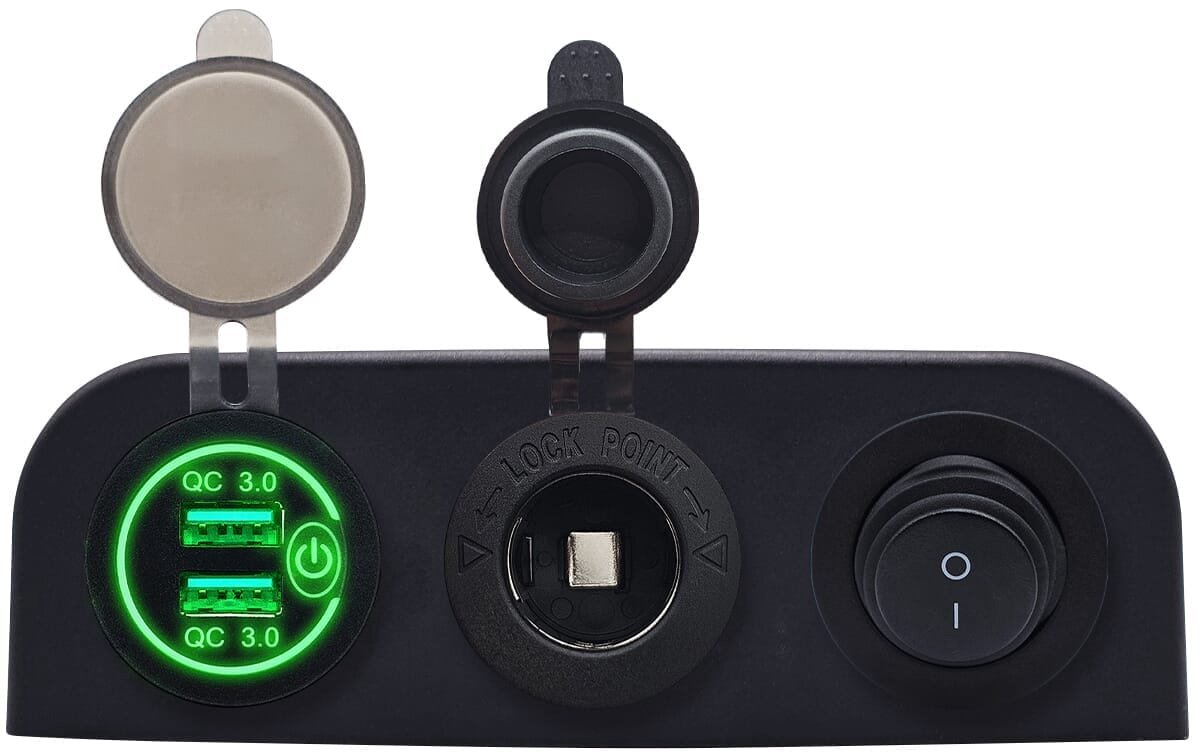 ProRide 12V USB Autolader 2 Poorten - QC3.0 - Drievoudig opbouw paneel - Sigaretten stopcontact en Schakelaar