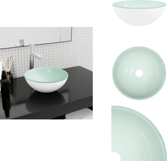 Lavabo rond blanc avec un bord vert menthe, en verre trempé.