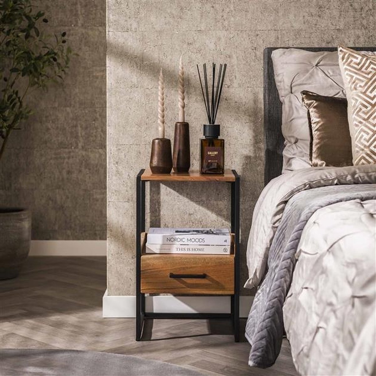 PS-Collection Niche XS Nachtkastje 1 Lade - 35x35x55cm - Naturel - Acacia - nachtkast, nachtkastje, nachtkastjes, nachtkastjes industrieel, nachtkastje hout, nachtkastjes modern, nachtkastje zwevend Zwart