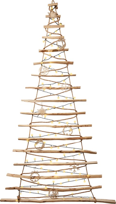 Arbre de Noël en bois, 195 cm de haut, avec corde et lumières LED. Orné de décorations de Noël.