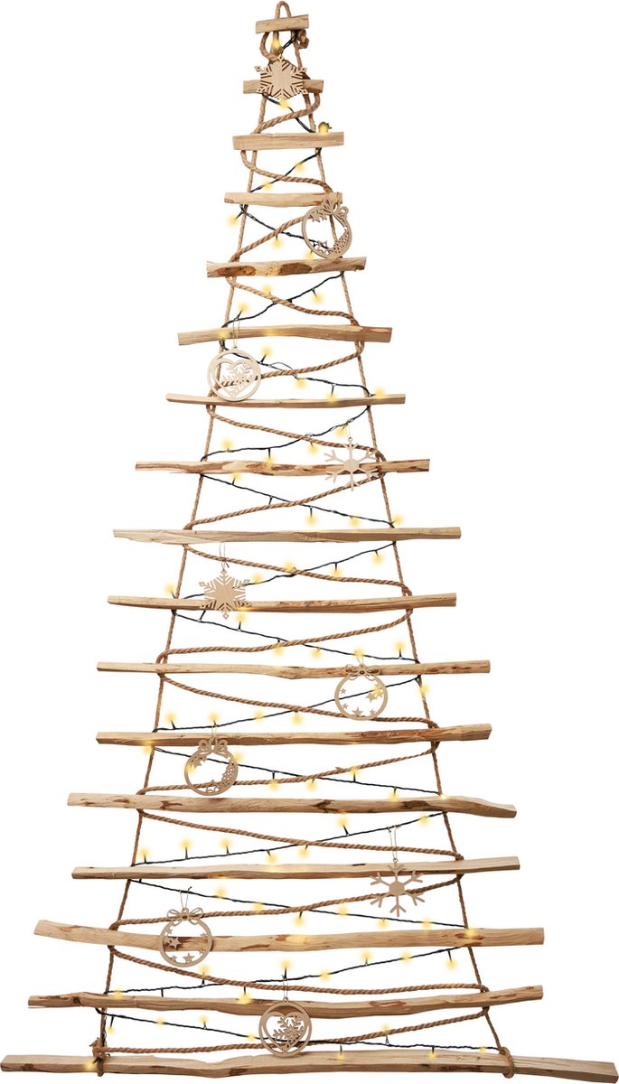 BOGATECO Handgemaakte kerstboom 195 cm hoog met decoraties | LED-verlichting | Houten panelen verbonden door jutetouw