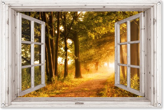 Een open raam kijkt uit op een kronkelend bospad in de herfst, met gouden zonlicht dat door de bomen valt.