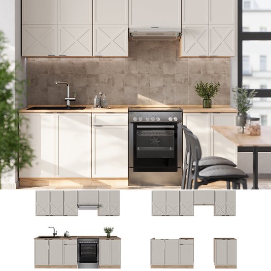 Vicco Fame- Line Meuble de cuisine complet – 240 cm, WB Chêne Grijs/ beige / chêne doré, WB Chêne