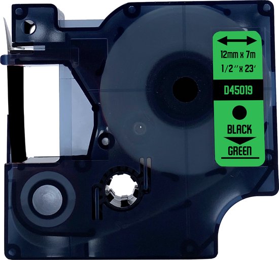 Zwarte labeltape cartridge met 12mm x 7m Zwart op Groen label.