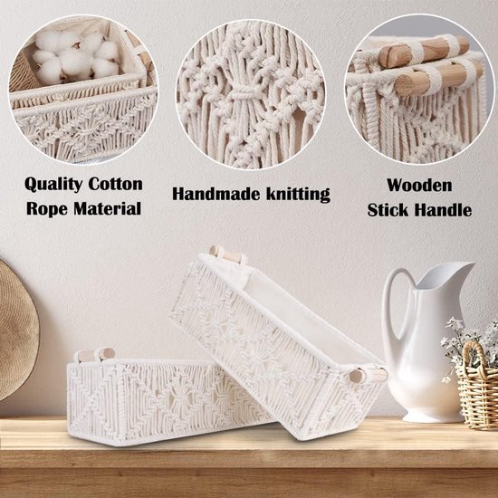 Set Van 3 Macramé Opbergmanden, Handgemaakte Mand, Badkameropslag Met Handvat Plank Kast Organizer Boho Decoratie Voor Badkamer Slaapkamer Woonkamer Ivoor