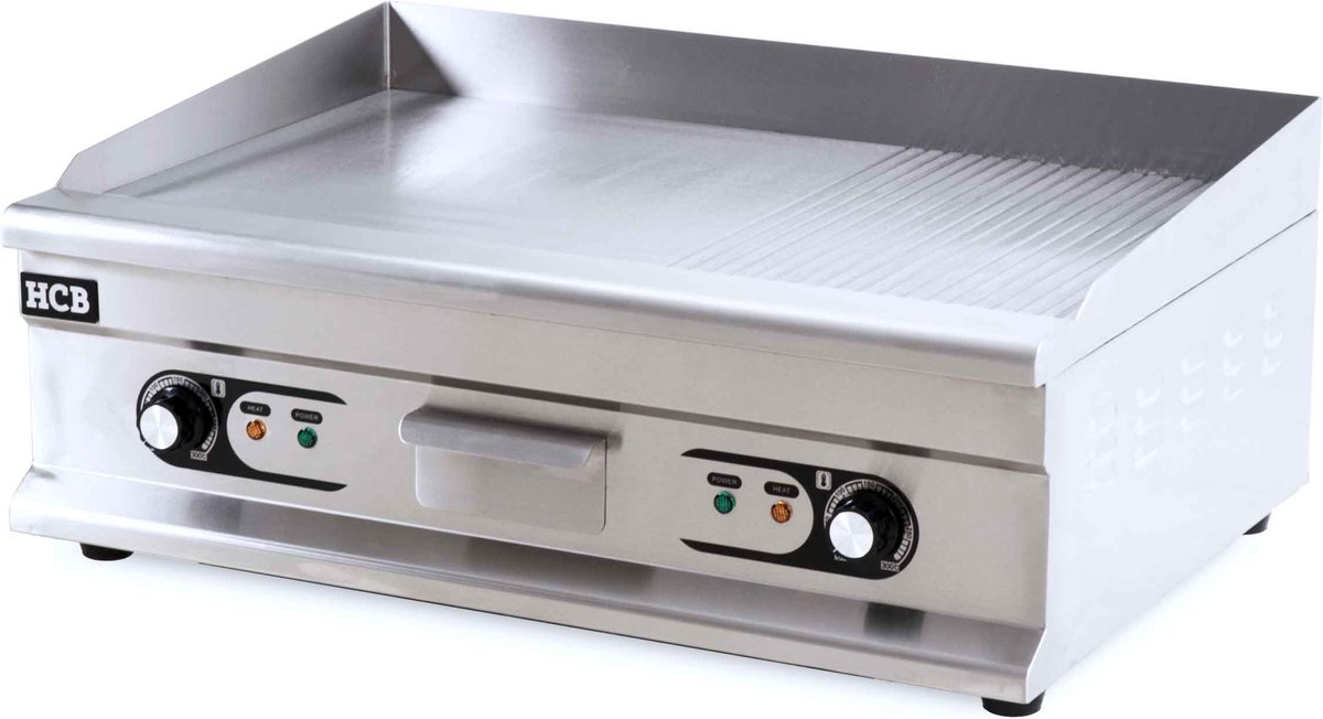 HCB® - Professionele Horeca Bakplaat 1/2 geribbeld - 400V - RVS / INOX - Electrisch Grill apparaat - 52x75x31 cm (DxBxH) - 54 kg - 6856