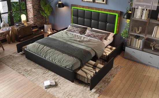 Merax Lit Double Queensize 160x200 cm avec Matras en Mousse Froide - Lit rembourré en Simili Cuir avec 4 tiroirs et LED- Siècle des Lumières - Zwart