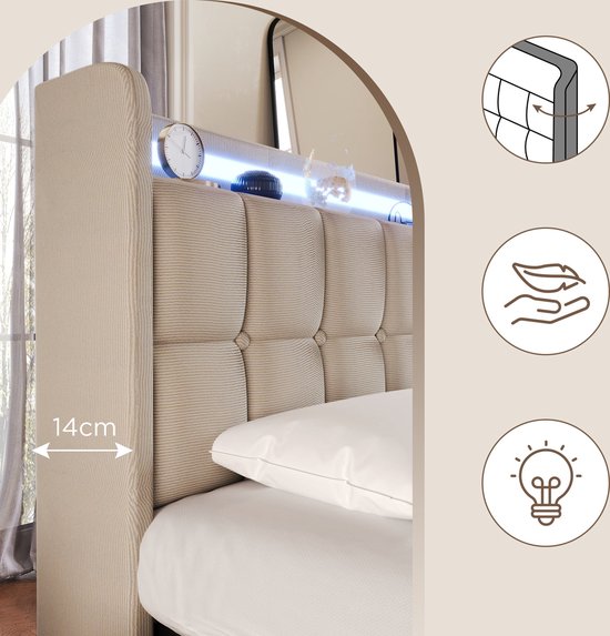 Merax Lit Double Queensize 160x200cm Comprenant Matras en Mousse Froide et 4 Tiroirs - Lit Rembourré avec Fonction de Chargement USB et LED- Siècle des Lumières - Beige