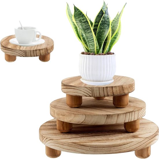 Spetebo Houten plantenkruk, klein, 20 cm, wit washed, massief bloembord met 4 poten, decoratieve plantenstandaard, bloemenbord