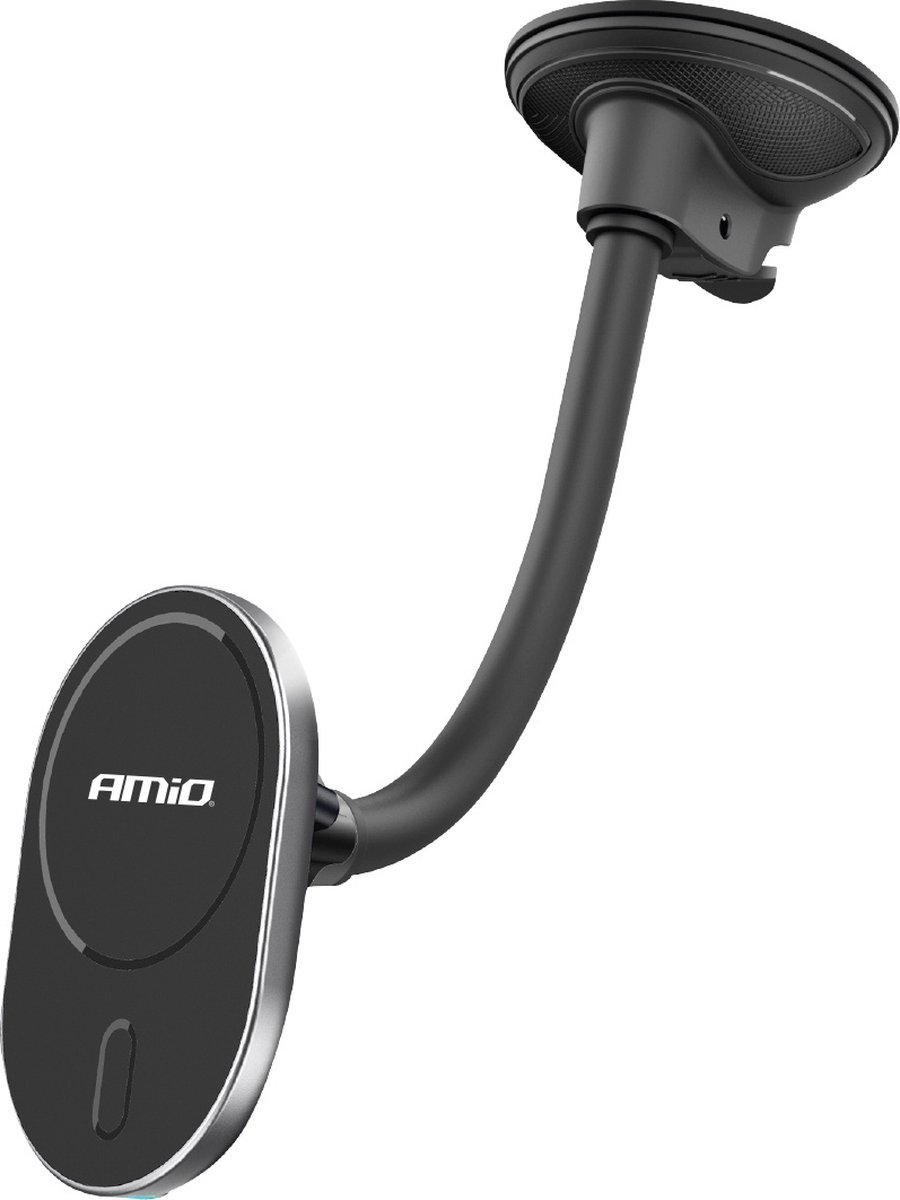 AMiO Magnetische Autohouder met 15W Draadloze Oplader en MagSafe - Verstelbare Arm en Zuignap Zwart