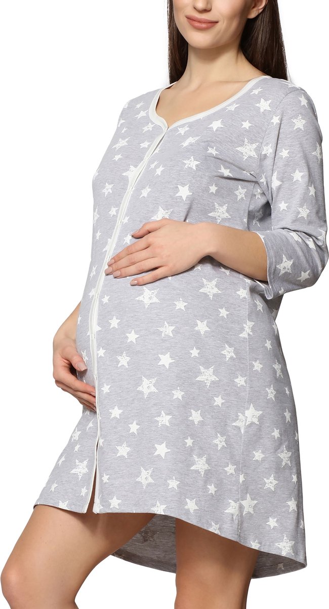 Be Mammy Dames Nachtemd - Nachtjapon - Zwangerschaps Nachthemd - 3/4 mouwen met borstvoedingsfunctie - Katoen - BE-BE20-276-ND - Melange Sterren Crème - XXL