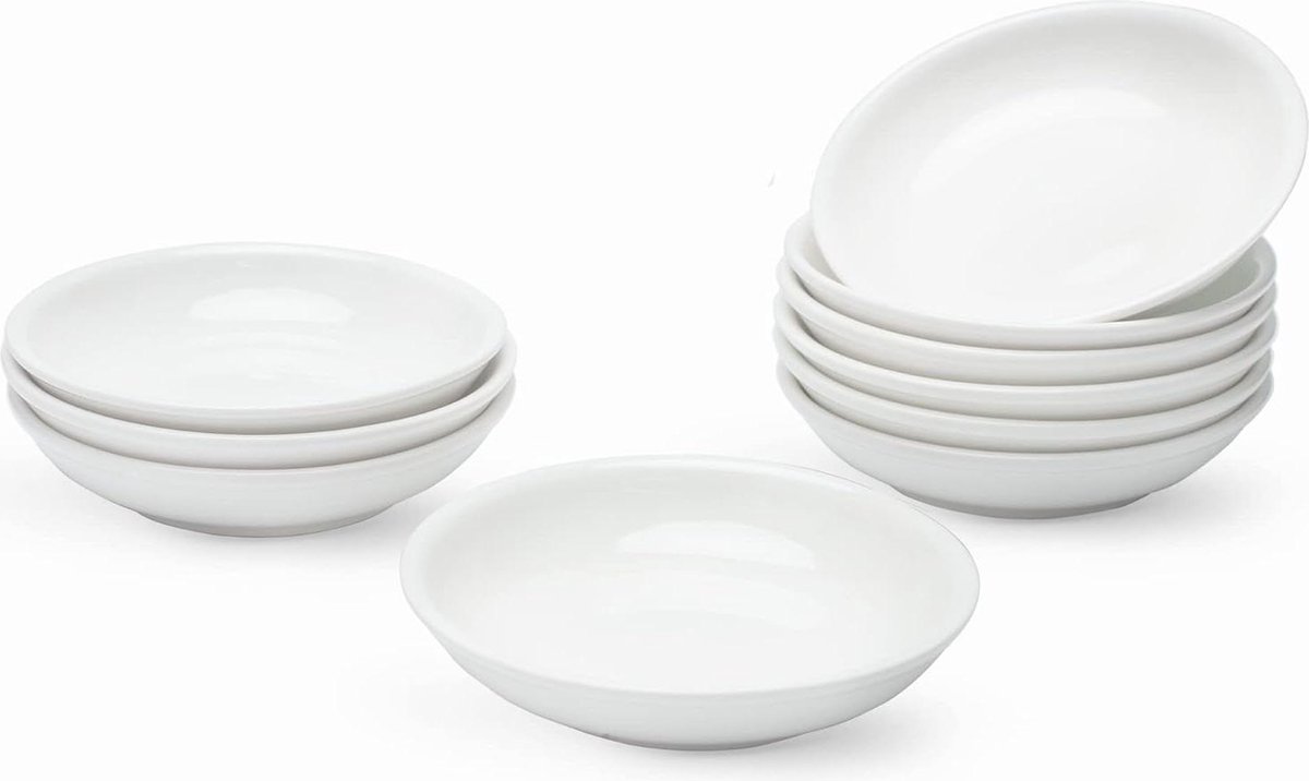 Sojasaus schotel 3 oz - keramische dompelkommen - 10 stuks - 10 cm - bulk dipsaus kommen - mini voorgerecht borden - kruiden specerij sushi ketchup BBQ - brede ondiepe kattenkom