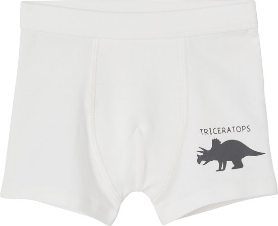 Witte boxer met een donkergrijze Triceratops-print rechts.