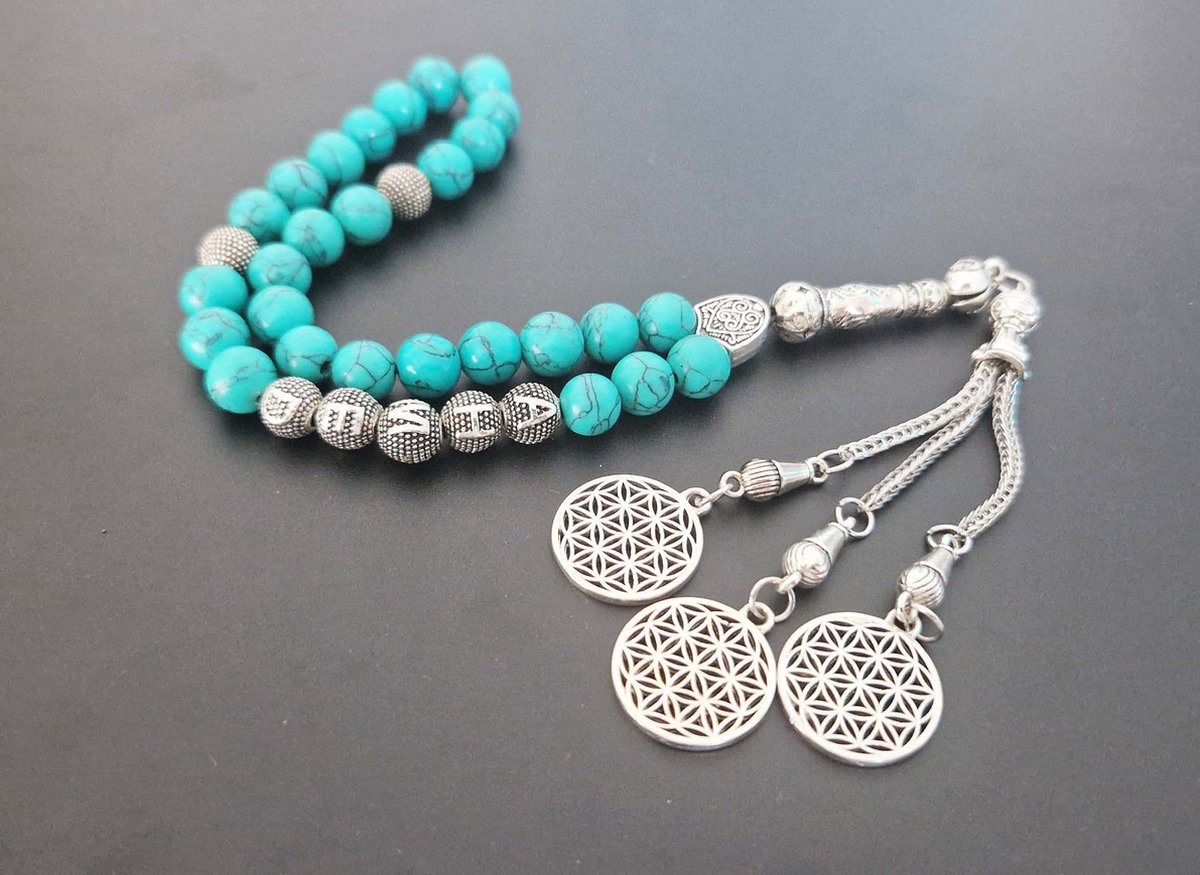 Handgemaakte naam tasbih 33 Kralen Natuursteen “Howliet groen ” - met metaal tassel “Harmonie"- Met je naam of de naam van uw geliefde- 8 mm diameter van de korrel