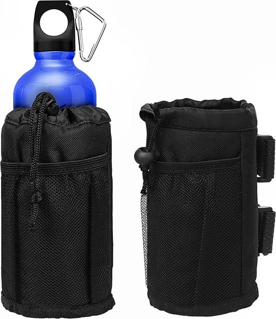 Fiets bidonhouder - bekerhouder - opvouwbaar - Tactische waterfles Pouch - Camping Reizen Sport - Geschikt voor fiets,scooter en rolstoel , golfkar en strand - met netvak en koordvergrendeling - zwart — afbeelding 2