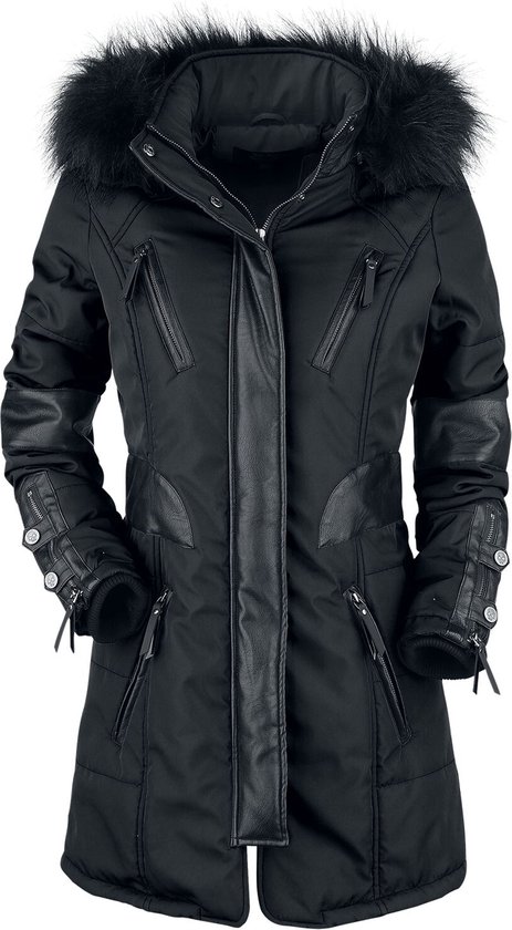 Manteau d'hiver long noir Rock Rebel by EMP avec détails en similicuir - Femme - M