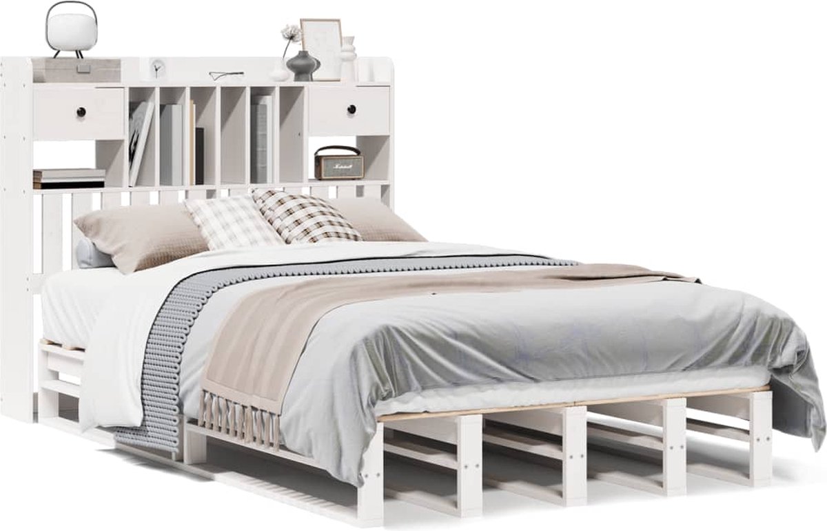 vidaXL - Bed - met - boekenkast - zonder - matras - grenenhout - wit - 135x190 - cm
