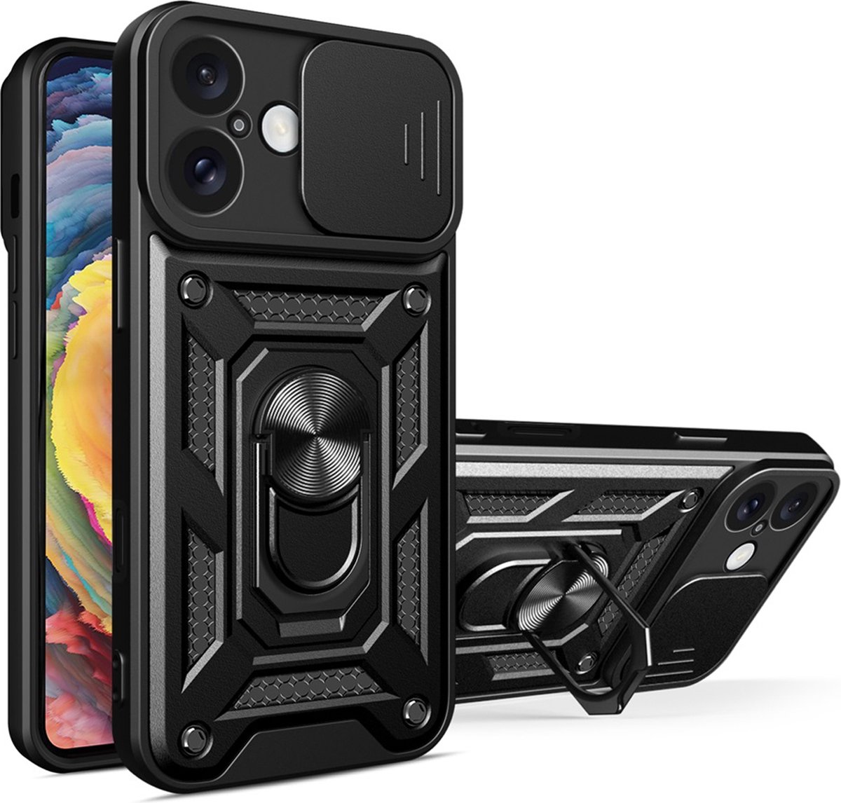 MobyDefend Hoesje - Geschikt voor iPhone 16 Plus - Pantsercase Met Draaibare Ring - Zwart
