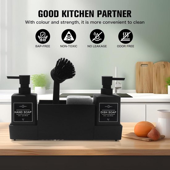 Anhow Dish Detergent Dispenser, 400ml Liquid Soap Dispenser with Sponge and Brush 3 in 1 Dish Detergent Dispenser Sponge Holder - Matte Black