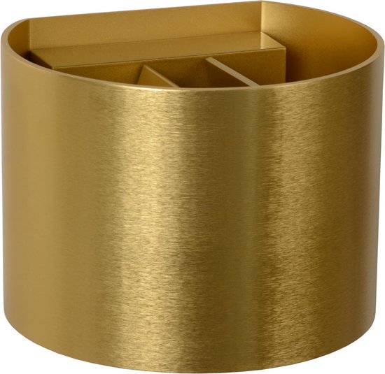 Matgouden wandlamp met cilindrische vorm, van opzij gezien.