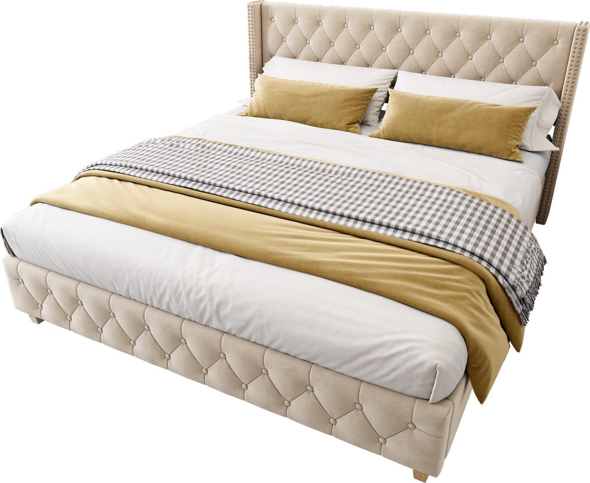 Merax Gestoffeerd Queensize Bed 160x200 cm met Decoratie Knopen - Zacht Fluwelen Tweepersoonsbed met Luxe Hoofdbord - Beige