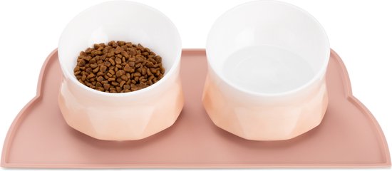 Navaris 2x voerbak met mat - Set van drink- en voerbak kat - Keramische kattenvoerbakjes op siliconen mat - Antislip - Vaatwasserbestendig - Roze