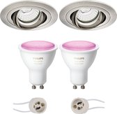 Pragmi Alpin Pro - Inbouw Rond - Mat Nikkel - Kantelbaar - Ø92mm - Philips Hue - LED Spot Set GU10 - White and Color Ambiance - Bluetooth - BES LED