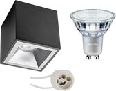 Opbouwspot Set - Primux Cliron Pro - GU10 Fitting - Opbouw Vierkant - Mat Zwart/Zilver - Verdiept - 90mm - Philips - MASTER 927 36D VLE - 4.9W - Warm Wit 2200K-2700K - DimTone Dimbaar
