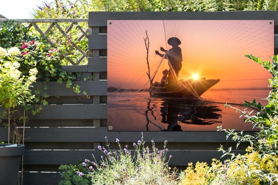 Affiche jardin - Toile Posters de jardin extérieur - Pêcheur au coucher du soleil - 120x80 cm - Jardin