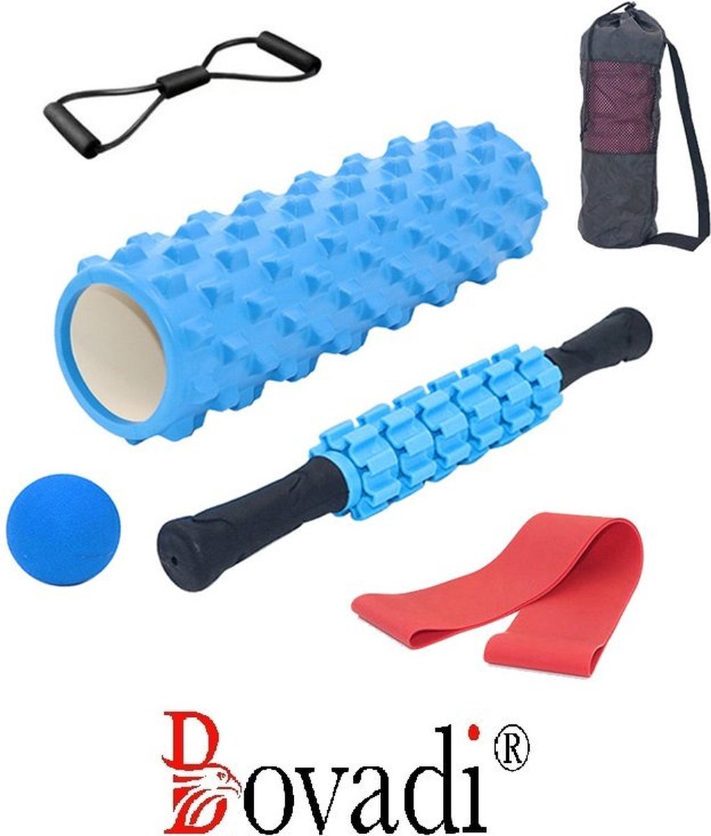 Bovadi Foam Roller Set Blauw 5 Delig - 2 x Weerstandsband - Massage set - Massage stick - Massage bal - Foam roller - Grid Triggerpoint - Inclusief compacte draagtas - Fitness - Yoga
