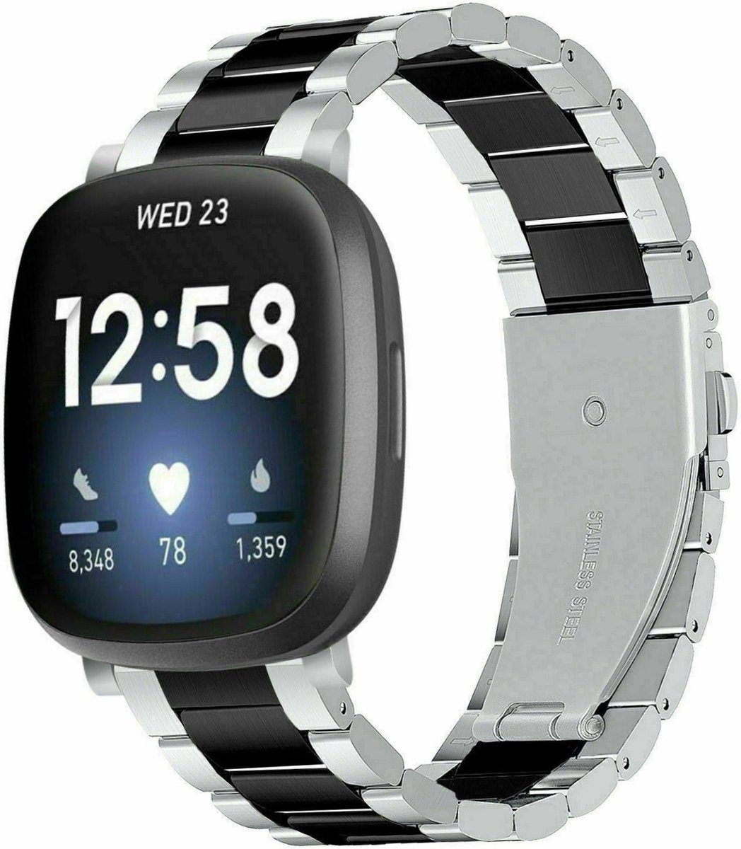 Strap-it Stalen schakel bandje - geschikt voor Fitbit Versa 3 / Fitbit Sense - zilver/zwart