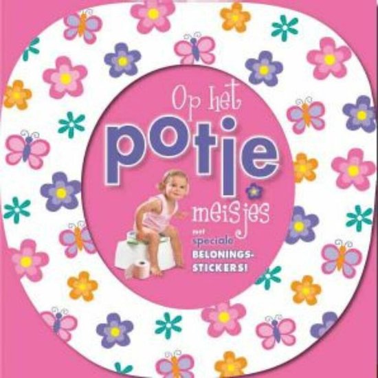 Potjestraining boekje 'Op het potje meisjes' met stickers. Een meisje zit op een potje, omringd door bloemen en vlinders.