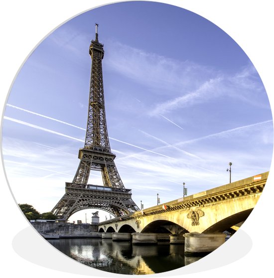 WallCircle - Wandcirkel ⌀ 90 - Prachtige brug en de Eiffeltoren net na de zonsopkomst - Ronde schilderijen woonkamer - Wandbord rond - Muurdecoratie cirkel - Kamer decoratie binnen - Wanddecoratie muurcirkel - Woonaccessoires