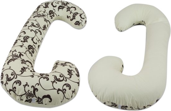 Voedingskussen - Body pillow - 240 cm - 100% katoen - crème en crème met blaadjes