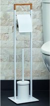 Toiletrolhouder met borstel NIKOLAOS - Metaal en bamboe - Wit en hout L 19 cm x H 74.5 cm x D 19 cm