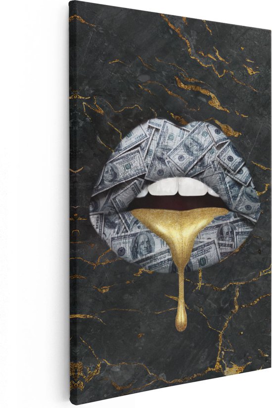 Artaza Canvas Schilderij Dollar Lippen Met Gesmolten Goud - 20x30 - Klein - Foto Op Canvas - Canvas Print