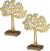 2x Stuks decoratie levensboom van aluminium op houten voet 25 cm goud - Tree of life