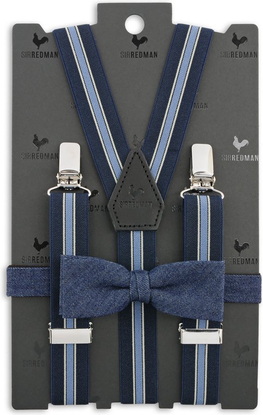 Sir Redman - Bretels met strik - kids bretels combi pack Denny Denim - blauw / wit