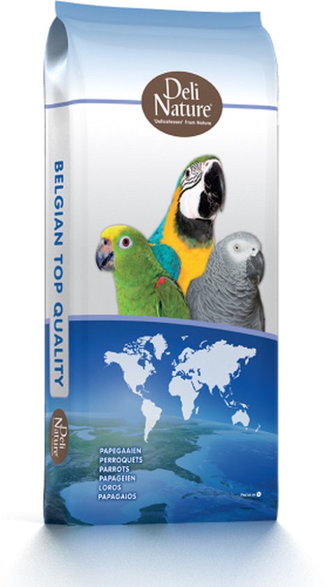Zak met papegaaienvoer 'Deli Nature Belgian Top Quality' met afbeeldingen van een blauw-gele ara, een groene parkiet en een grijze roodstaart.
