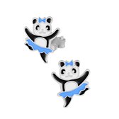 Oorbellen meisje zilver | Zilveren oorstekers, dansende panda met blauw rokje