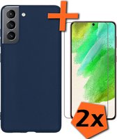 Samsung Galaxy S21 FE Hoesje Met 2x Screenprotector - Samsung Galaxy S21 FE Case Donker Blauw Siliconen - Samsung Galaxy S21 FE Hoes Met 2x Screenprotector