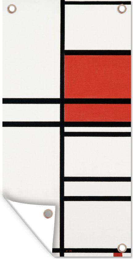 Tuinposter Compositie met rood en wit - Piet Mondriaan - 30x60 cm - Tuindoek - Buitenposter