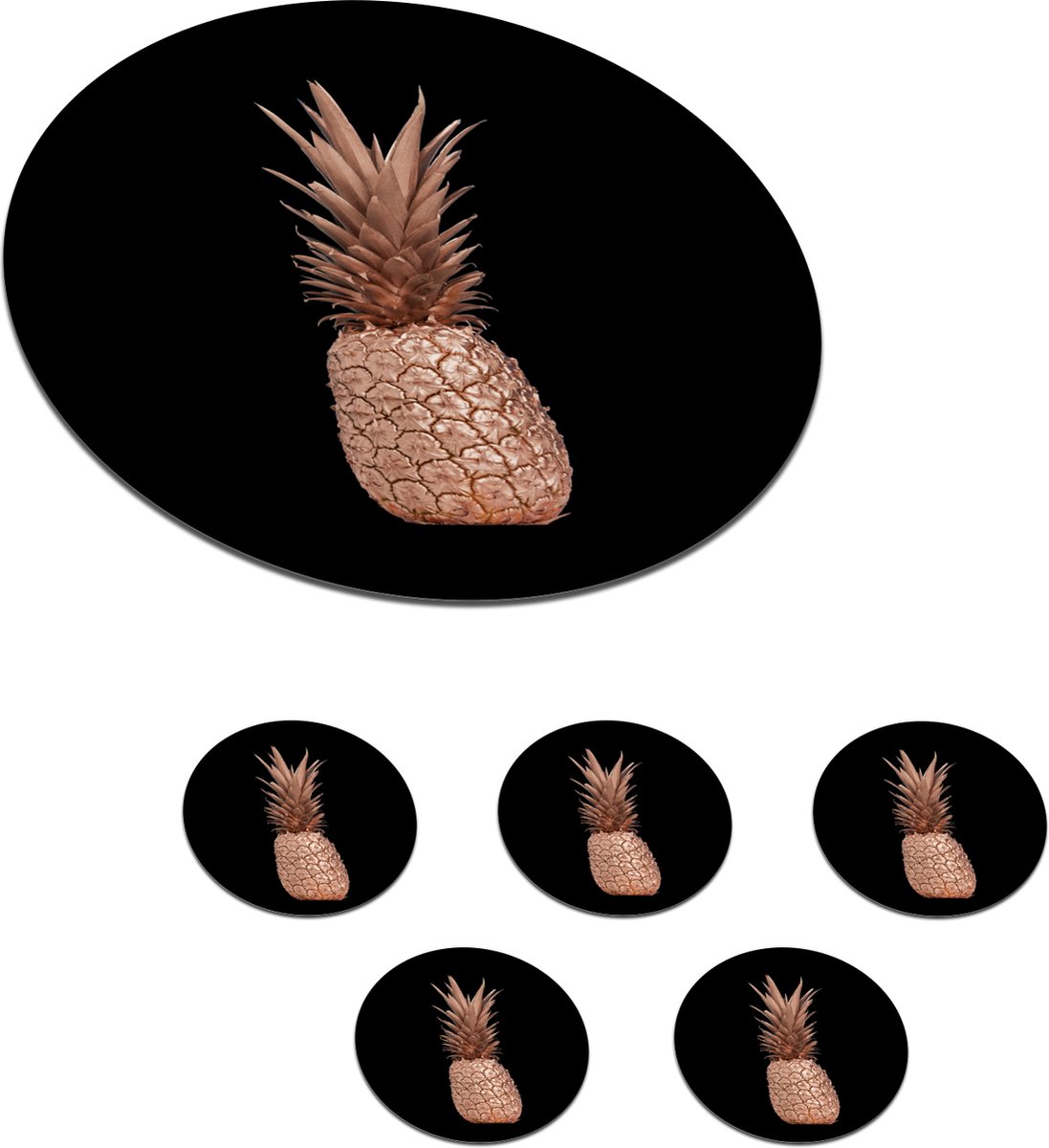 Onderzetters voor glazen - Rond - Ananas - Goud - Roze - 10x10 cm - Glasonderzetters - 6 stuks