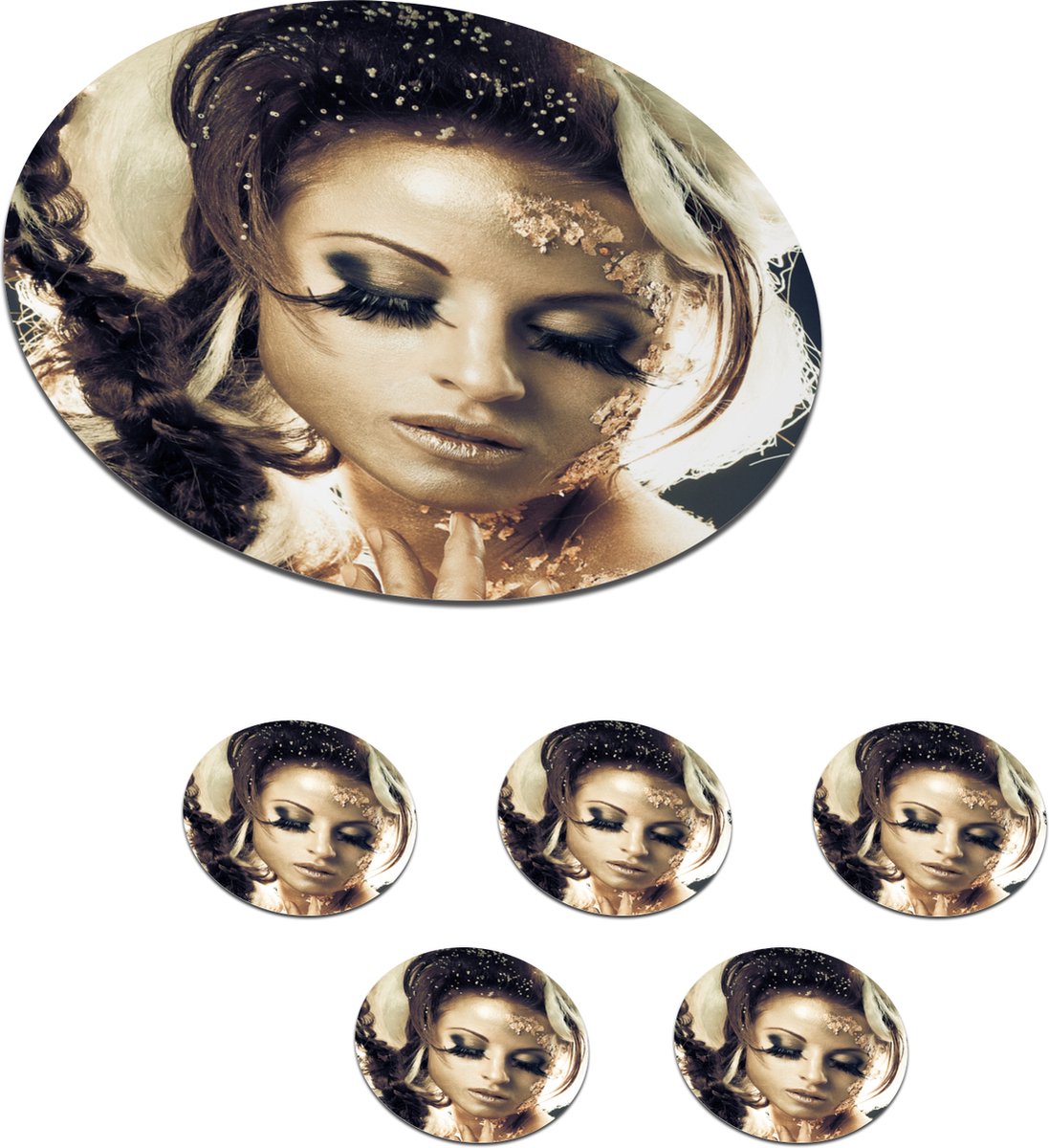 Onderzetters voor glazen - Rond - Vrouw - Goud - Oogschaduw - 10x10 cm - Glasonderzetters - 6 stuks