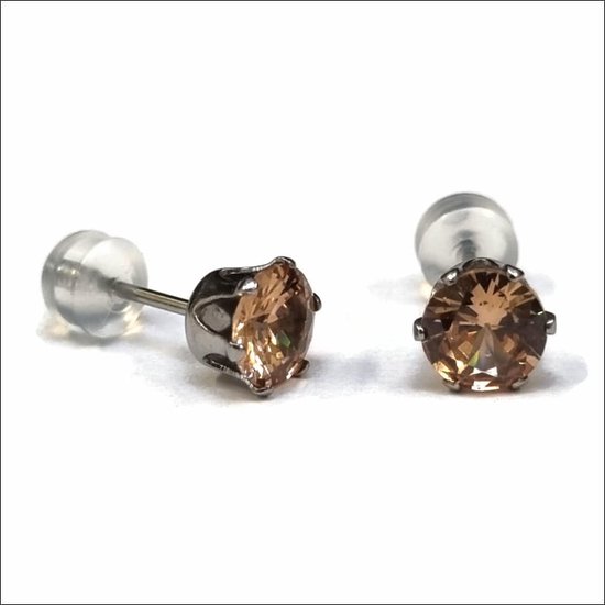 Aramat jewels ® - Zirkonia zweerknopjes rond 6mm oorbellen champagne chirurgisch staal